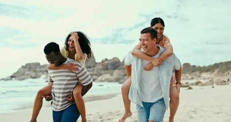 Poster - Smile, summer and friends piggyback on beach together for travel, holiday or vacation at tropical coast. Happy, funny or love and group of young men and women bonding by ocean for island getaway