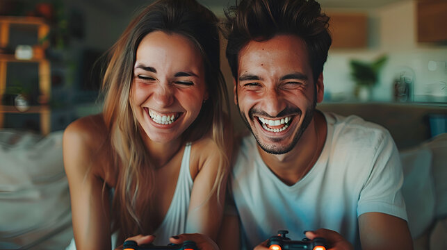 laughing couple playing a video game with joysticks on a sofa, generative Ai