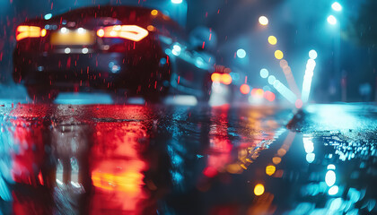 Sticker - A car is driving down a wet road at night with the headlights on