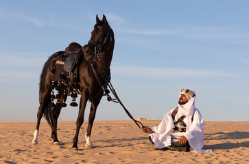 Wall Mural - Saudi man in a desert with his black stallion