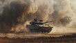 A generic military armored vehicle crosses minefields and smoke in the desert.