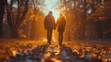 Fototapeta  - Romantic Walk in a Golden Autumn Forest at Sunset