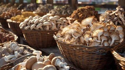 A traditional market scene with rows of baskets containing an array of freshly picked mushrooms from meaty oyster mushrooms to enoki mushrooms.