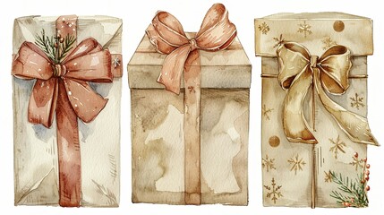 New Year and Happy birthday beige gift boxes with golden bows. Watercolor hand drawing illustration on isolate white background. Realistic element fo design holidays or wedding pastel colors