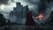 A man in a red cape stands in front of a burning castle