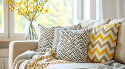 Wall Mural - Pillows yellow and white chevron on A gray sofa in Modern living room.