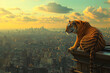 a tiger on top of a tall building in the city