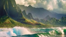 Beautiful Landscape With Mountains And Sea. Collage. 3d Rendering, View On Na Pali Coast On Kauai Island On Hawaii, AI Generated