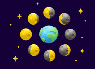 vector 3d earth and moon phases icon set. lunar calendar design elements in night sky with stars iso
