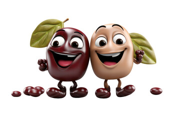 Wall Mural - Two cartoon characters, one of which is a cherry, are smiling and holding leaves