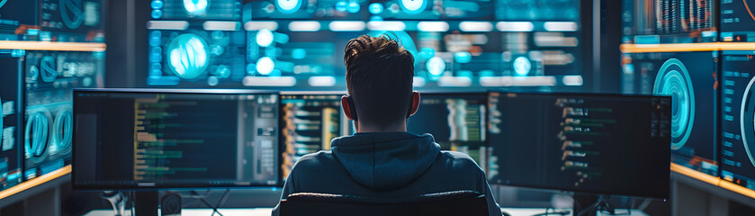 Wall Mural - A cybersecurity professional is depicted working diligently amidst a network of multiple monitors.