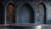 A Dramatic Stone Podium Stands Central In A Room With Dark Gothic Arched Alcoves And Ambient Lighting.