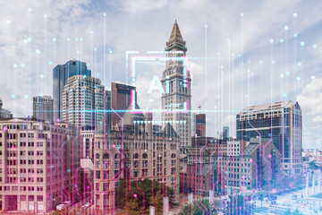 Wall Mural - Boston downtown skyline with futuristic holographic overlays, representing technology and business concepts on a cloudy sky background. Double exposure