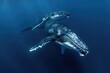 A large humpback whale gracefully swims through the ocean, showcasing its magnificent size and strength, A serene and calming image of a Humpback Whale gliding with its young, AI Generated