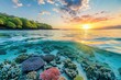 The photo captures a stunning sunset over the ocean, illuminating the vibrant colors of the coral reefs beneath, A serene beach sunset with colorful coral reefs beneath the clear waters, AI Generated