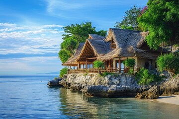 Wall Mural - A stunning house perched on a cliff, providing breathtaking views of the ocean, A serene beach house with thatched roofs at the waterfront, AI Generated