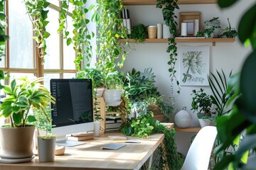 Sticker - A desk with a computer in the center, flanked by various types of green plants, A serene office space with plenty of indoor plants, AI Generated