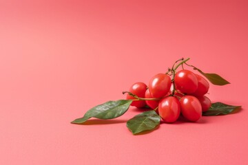 Wall Mural - Fresh Cherry Tomatoes With Leaves on Pink Background