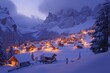 A bustling town nestled in the snowy mountains shines brightly under the night sky, A snowy mountain village illuminated by Christmas lights, AI Generated