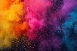 A dynamic group of colored powders explodes into the air, creating a vivid and energetic display of colors, A splash of vivid colors reminiscent of Indian Holi festival, AI Generated