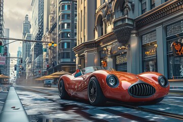 Wall Mural - A red sports car speeds down a busy city street lined with buildings and other vehicles, A sports car cruising downtown in an Art Deco style city, AI Generated