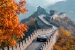 A car can be seen driving along the iconic and historic Great Wall of China, showcasing the monuments immense size and fortification, A sports car driving along the Great Wall of China, AI Generated
