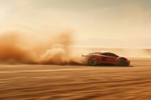 A Sleek And Vibrant Red Sports Car Moves Swiftly Through The Arid And Sandy Landscape Of A Desert, A Sports Car Leaving A Trail Of Dust As It Races Across A Desert Track, AI Generated