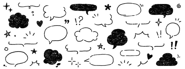 Poster - Cute crayon frame speech bubble set. Crayon chalk background speech bubble frame. Hand drawn chalk pencil dialog balloon, japan handwriting doodle text cloud. Vector illustration.