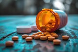 Fototapeta Perspektywa 3d - A detailed close up of a bottle filled with pills placed on a table, A standoff between prescription opioids and healthy lifestyle choices, AI Generated