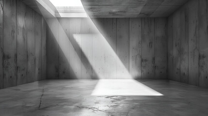  Gray cement room reflects sunlight.The concrete has shiny diagonal lines. Simple concrete room with light hitting the floor and the wall at an angle, brutalist architecture
