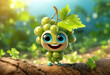 Funny, happy, and cute green grape cartoon character on vineyard background