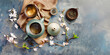  Hot chinese tea in teapot with  flowers. Concept of culture and traditions. banner, copy space