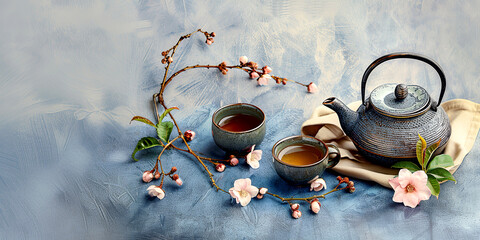 Canvas Print -  Hot chinese tea in teapot with spring flowers. Concept of culture and traditions. Banner