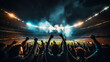 © kovalovds - Large crowd with raised hands from behind in an open stadium. Event atmosphere with space for text. Generative AI