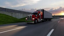 American Style Truck On Freeway Pulling Load. Transportation Theme. 4k 3D Illustration