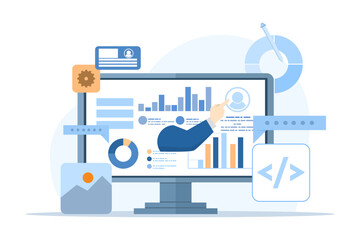 Concept of interface elements and browser window on laptop screen, web design, UI UX, software development, web design, app design, coding, web development, flat illustration on white background.