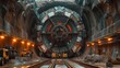 Giant Tunnel Boring Machine in Underground Construction. An enormous tunnel boring machine with detailed components sits idle in an underground construction site, surrounded by excavation equipment.