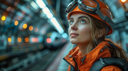 Wall Mural - Female Engineer working on a high-speed electric train. Engineer in an orange safety helmet stands in a high-tech train tunnel with lights and structure.