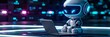 Cute friendly artificial intelligence robot using laptop computer with purple neon glow light, chatbot and AI assistant concept futuristic technology 3d illustration, banner