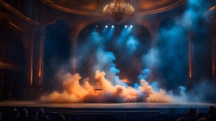 Poster - a Stage Shrouded in Blue and Orange Smoke, Enhanced by Atmospheric Night Lighting and Penetrating Searchlight Beams, Conjuring an Enigmatic and Captivating Atmosphere for an Unforgettable Performance.