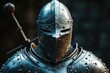 A close up photograph capturing the details of a knight as he holds a sword, A stylised armoured knight representing cybersecurity, AI Generated