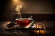 A Cup of freshly brewed black tea escaping steam warm soft light, darker background.