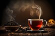 A Cup of freshly brewed black tea escaping steam warm soft light, darker background.
