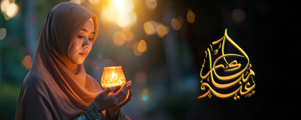 Wall Mural - Eid Mubarak Social Media Banner with Golden Arabic Calligraphy and Asian Muslim Woman Holding Illuminated Candle. Fictional Character Created By Generative AI.