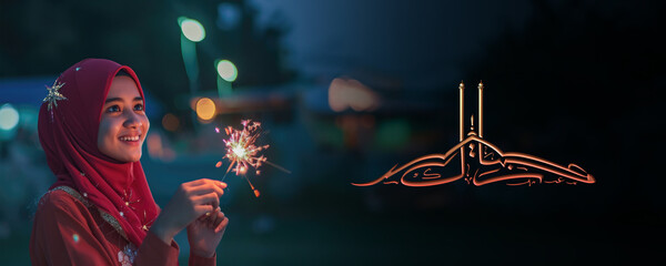 Sticker - Eid Mubarak Social Media Banner with Golden Arabic Calligraphy with Muslim Young Woman Holding Sparkling Stick, Smiling and Posing for a Picture. Fictional Character Created By Generative AI.