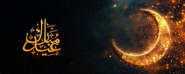 Canvas Print - Eid Mubarak Social Media Banner with Arabic Calligraphy, Golden Sparkling Crescent Moonlit on Dark Background.