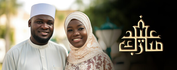 Poster - Eid Mubarak Social Media Banner with Golden Arabic Calligraphy and African Muslim Couple. Fictional Character Created By Generative AI.