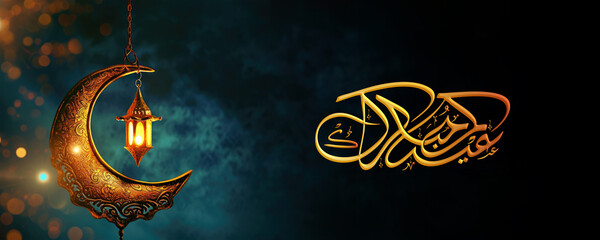 Poster - Eid Mubarak Social Media Banner with Arabic Calligraphy, Golden Elegant Crescent Moon and Hanging Illuminated Lamp.