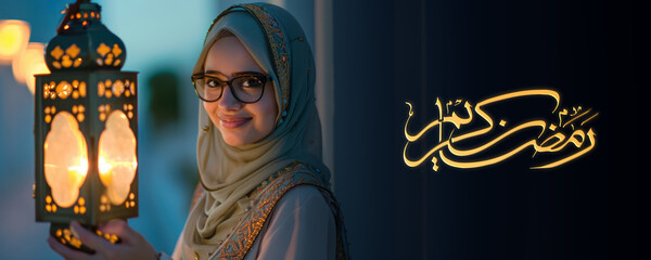 Wall Mural - Ramadan Kareem Social Media Banner with Golden Arabic Calligraphy and Beautiful Muslim Woman, Fictional Character Created By Generative AI.