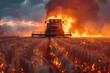Tractor driving through field of fire. Generative AI